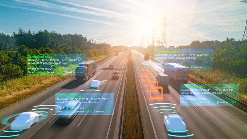 Smart car (HUD) , Autonomous self-driving mode vehicle on highway road iot concept with graphic sensor radar signal system and internet sensor connect.